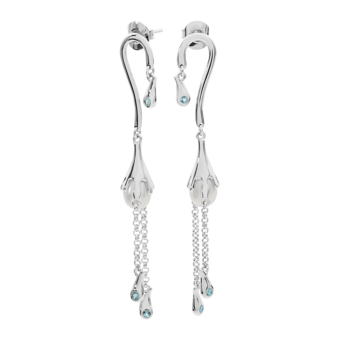 Pearl Drop Earrings with Blue Swarovski Crystals – Qucy Jewels