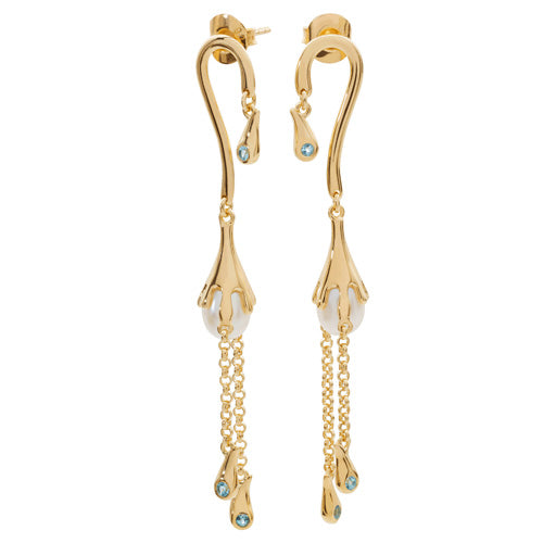 Pearl Drop Earrings with Blue Swarovski Crystals in 18ct Gold Vermeil
