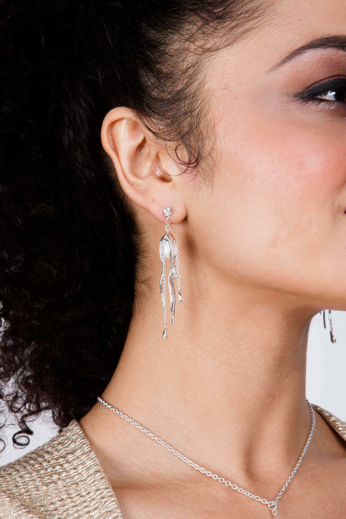 Pearl Drop Hug Earrings with Blue Swarovski Crystals