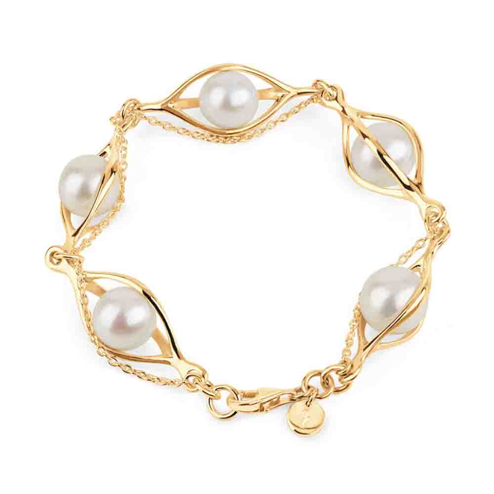 Couture Pearl Bracelet with Blue Swarovski Crystals & 18ct Gold Vermeil